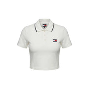 Tommy Hilfiger Jeans Weißes Damen-Polohemd, Kurzarm top in Creme mit schwarzem Kragenbesatz und gesticktem Logo-Aufnäher
