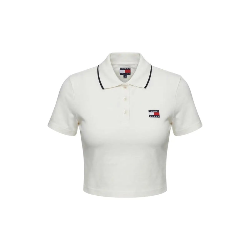 Tommy Hilfiger Jeans Weißes Damen-Polohemd, Kurzarm top in Creme mit schwarzem Kragenbesatz und gesticktem Logo-Aufnäher