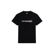 Tommy Hilfiger Schwarzes Herren-T-Shirt aus Baumwolle mit Rundhalsausschnitt und weiß-rotem Logo auf der Brust