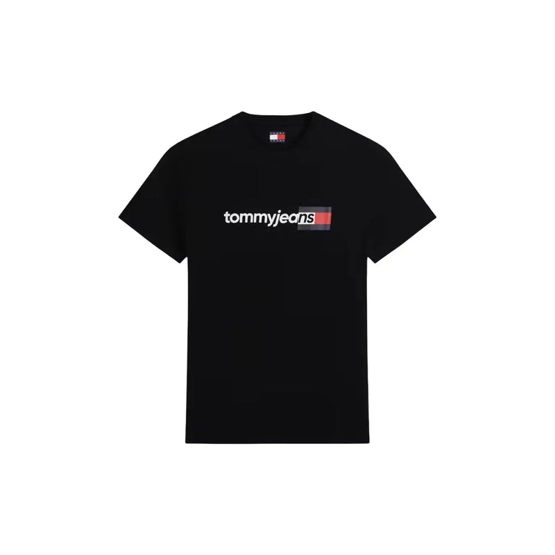 Tommy Hilfiger Schwarzes Herren-T-Shirt aus Baumwolle mit Rundhalsausschnitt und weiß-rotem Logo auf der Brust