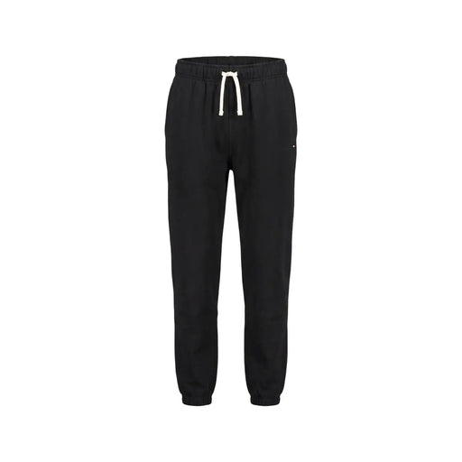 Tommy Hilfiger Schwarze Herren-Fleecehose aus Baumwollmischgewebe mit weißen Kordelzügen und Logo am Oberschenkel
