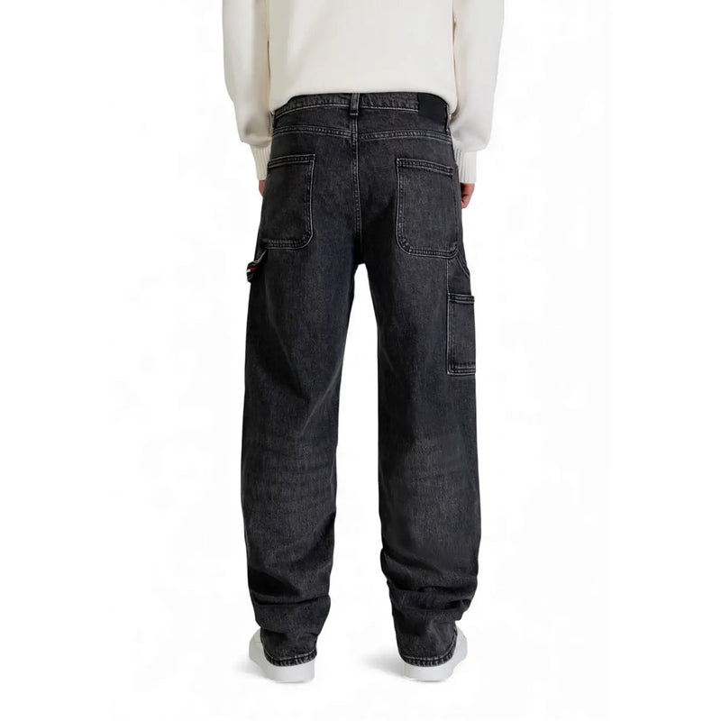 Tommy hilfiger men black organic cotton dark-wash denim cargo pants with multiple pockets and relaxed fit