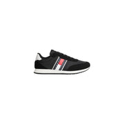 Tommy Hilfiger Schwarze Herren-Sneaker aus Polyester mit weißer Gummisohle und charakteristischem rot-weiß-blau gestreiftem Seitenstreifen