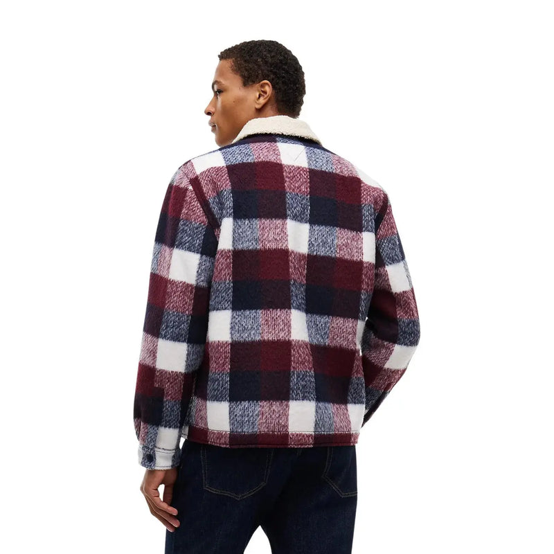 Tommy Hilfiger Herrenblazer aus blauem Polyester für den Winter mit kuscheligem, bordeauxrot-blau kariertem Flanellfutter und weißem Shearling-Kragen