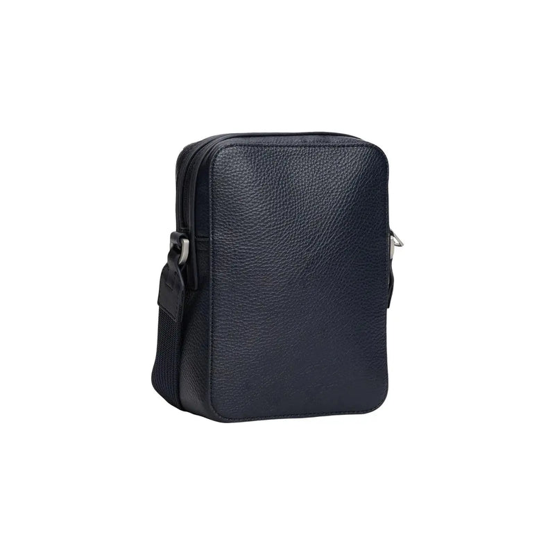 Schwarze, genarbte Leder-Umhängetasche mit silbernem Reißverschluss und verstellbarem Riemen, Modell „Tommy Hilfiger Herren Central Mini Reporter Bag“, blau, 20 cm.
