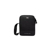 Schwarze, strukturierte Leder-Umhängetasche mit silberfarbenen Beschlägen und Tommy Hilfiger Markenlogos für Herren, 20 cm