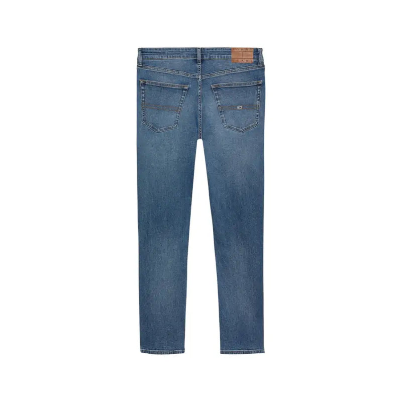 Tommy Hilfiger Herren-Jeans aus blauem Baumwoll-Stretch in schmaler Passform mit braunem Leder-Markenpatch und dezenten Ziernähten
