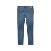 Tommy Hilfiger men blue cotton stretch slim fit jeans with brown leather brand patch and subtle stitching details