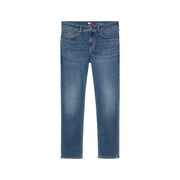 Blaue Stretch-Jeans aus Baumwolle für Herren von Tommy Hilfiger mit klassischem geradem Beinschnitt und dezent verblassendem Logo am Bund