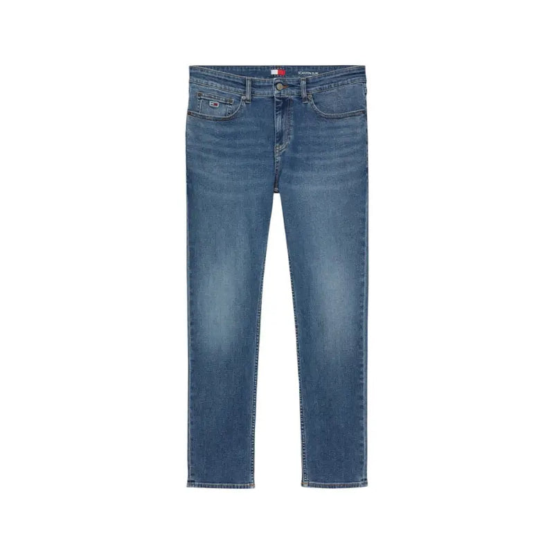Blaue Stretch-Jeans aus Baumwolle für Herren von Tommy Hilfiger mit klassischem geradem Beinschnitt und dezent verblassendem Logo am Bund