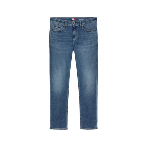 Blaue Stretch-Jeans aus Baumwolle für Herren von Tommy Hilfiger mit klassischem geradem Beinschnitt und dezent verblassendem Logo am Bund
