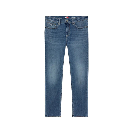 Blue cotton stretch jeans for men by Tommy Hilfiger with classic straight-leg cut and subtle fading waistband logo