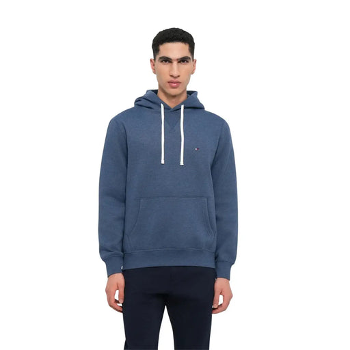 Tommy Hilfiger Herren-Hoodie aus blauer Baumwolle mit weißen Kordelzügen und kleinem Logo auf der Brust