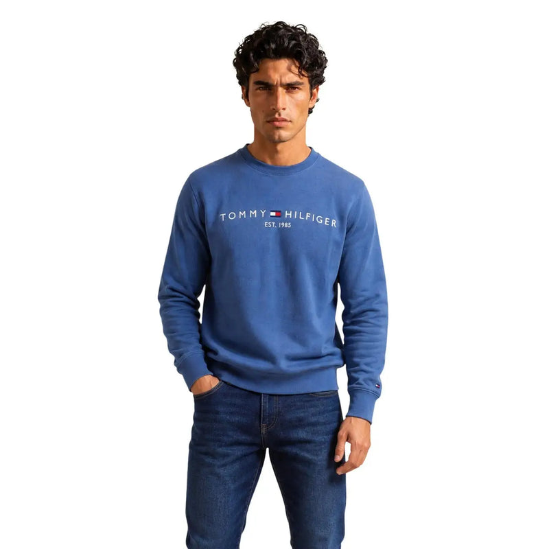 Tommy Hilfiger Herren-Sweatshirt aus blauer Baumwolle mit weißem Logo und Flaggenemblem auf der Brust