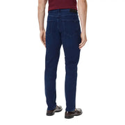 Tommy Hilfiger men blue organic cotton slim fit denim jeans showing the classic back pockets and dark blue color