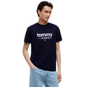 Marineblau Tommy Hilfiger Herren-T-Shirt aus Bio-Baumwolle mit weißem Tommy 19 Jeans 85 Logo und Flaggenemblem auf der Brust