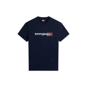 Marineblaues Tommy Hilfiger Herren-T-Shirt aus Bio-Baumwolle mit weißem und rotem Logo auf der Brust