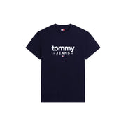 Marineblaues Tommy Hilfiger Herrenhemd aus Bio-Baumwolle t-shirt mit weißem Tommy 19 Jeans 85 Logo und Markenetikett auf der Vorderseite