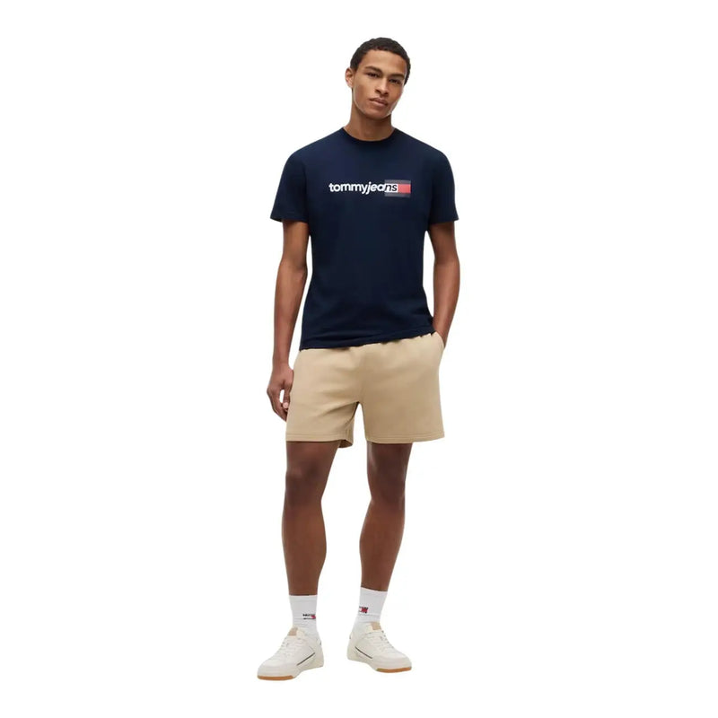 Marineblaue Tommy Hilfiger Herrenjacke t-shirt aus Bio-Baumwolle mit weißem und rotem Logo auf der Brust