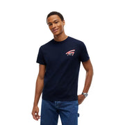 Marineblaues Tommy Hilfiger Herren-T-Shirt aus Bio-Baumwolle mit rot-weiß-marineblauem Logo auf der linken Brust