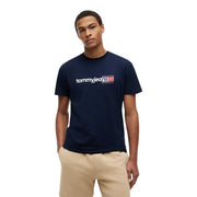Marineblaues Tommy Hilfiger Herren-T-Shirt aus Bio-Baumwolle mit weißem und rotem Logo auf der Brust