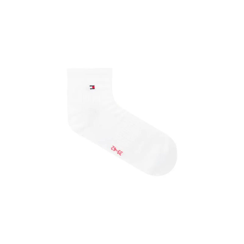 White ankle sock with tommy hilfiger logo on cuff and pink embroidery near toe matching cotton blend boxer briefs