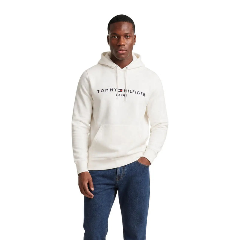 Tommy Hilfiger Herren-Hoodie aus brauner Baumwolle in Creme mit schwarzem Logo und weißen Kordelzügen