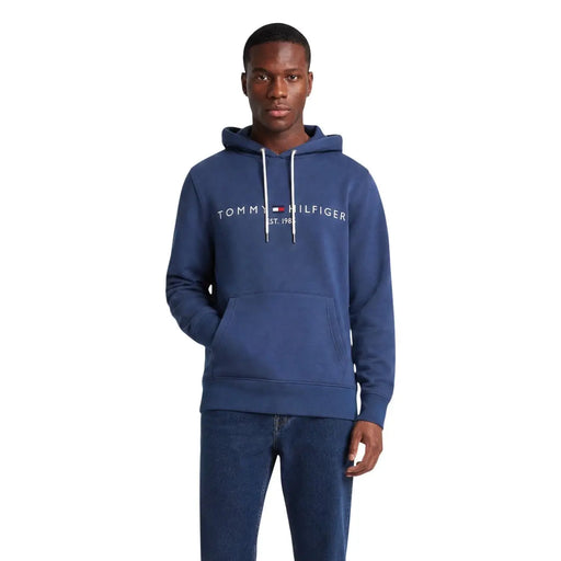 Navy blue Tommy Hilfiger men cotton hoodie with white drawstrings and front pocket for casual wear