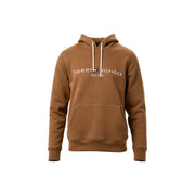 Tommy Hilfiger Brauner Herren-Hoodie aus Baumwolle mit weißen Kordelzügen und Vordertasche für die Freizeit.