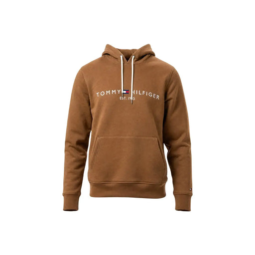 Tommy Hilfiger Brauner Herren-Hoodie aus Baumwolle mit weißen Kordelzügen und Vordertasche für die Freizeit.