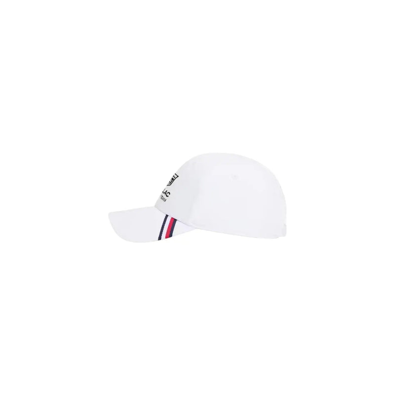 Tommy Hilfiger Herrenkappe, weiße Polyester-Replika mit marineblau-rot-weiß gestreiftem Schirm