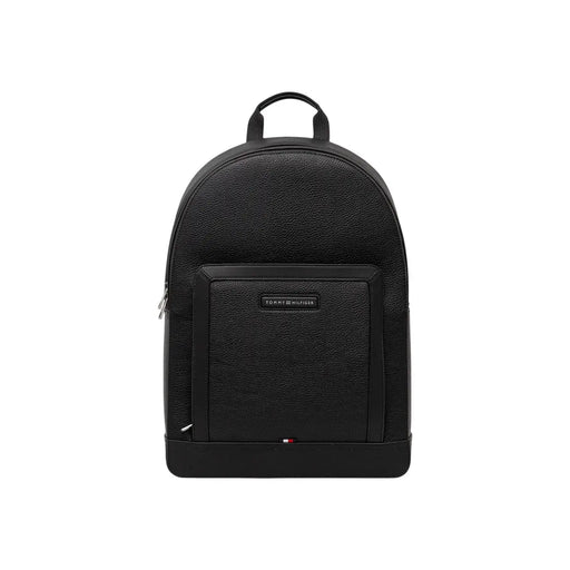 Tommy Hilfiger Herren-Rucksack Central aus schwarzem, strukturiertem Polyurethanleder mit Reißverschlusstasche vorne und top handhaben