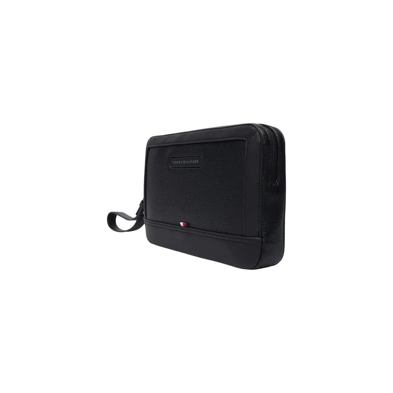 Tommy Hilfiger Schwarze Herren-Clutch aus Leder mit Mitteltasche, Handgelenkschlaufe und Reißverschluss aus Polyurethan, Größe W27