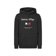 Schwarzer Tommy Hilfiger Herren-Hoodie aus Baumwollmischgewebe mit weißem Logo und Flaggenemblem, gegründet 1975 in New York City