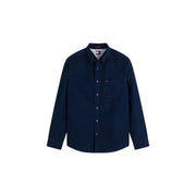 Marineblaues Tommy Hilfiger Herren-Jeanshemd mit Brusttasche, gestreiftem Innenkragen, lässigem Knopfverschluss aus Baumwolle