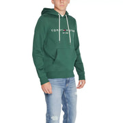 Tommy Hilfiger Herren-Hoodie aus grüner Baumwolle mit weißen Kordelzügen und Vordertasche
