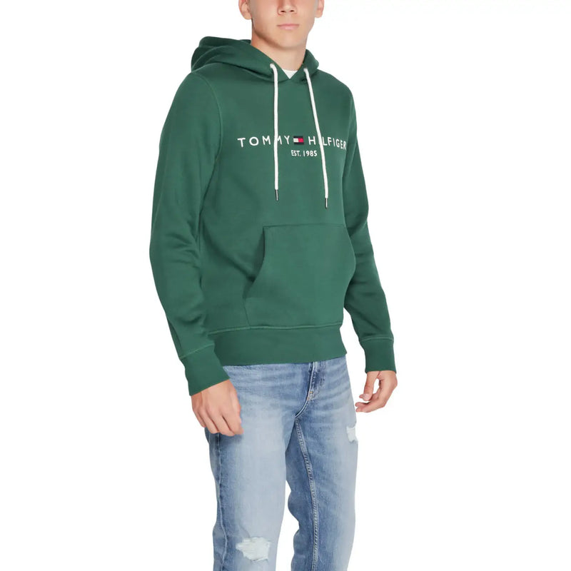 Tommy Hilfiger Herren-Hoodie aus grüner Baumwolle mit weißen Kordelzügen und Vordertasche