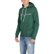 Tommy Hilfiger Herren-Hoodie aus grüner Baumwolle mit dunkelgrünen weißen Kordelzügen und Vordertasche
