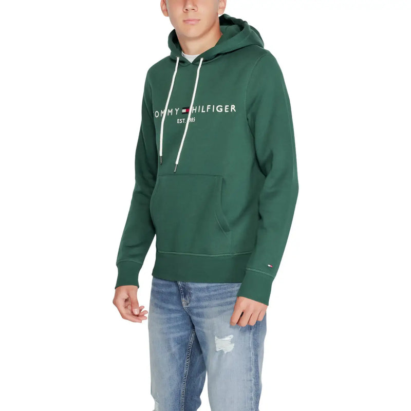 Tommy Hilfiger Herren-Hoodie aus grüner Baumwolle mit dunkelgrünen weißen Kordelzügen und Vordertasche