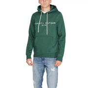 Tommy Hilfiger Herren-Hoodie aus grüner Baumwolle mit weißen Kordelzügen und dunkelgrüner Vordertasche
