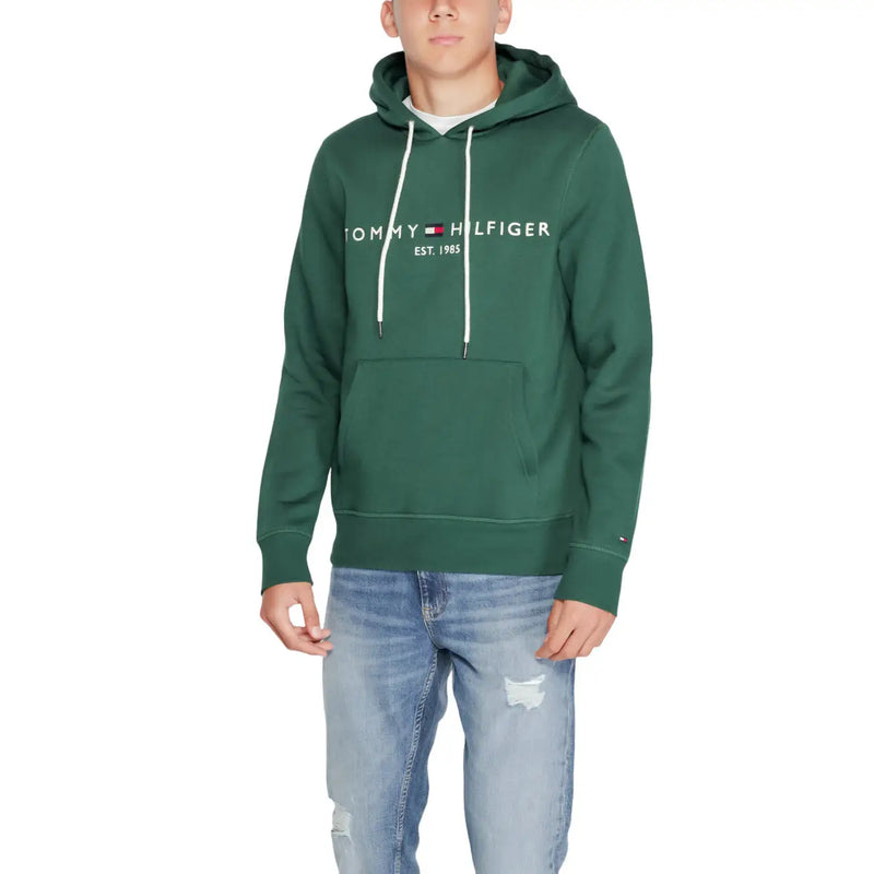 Tommy Hilfiger Herren-Hoodie aus grüner Baumwolle mit weißen Kordelzügen und dunkelgrüner Vordertasche