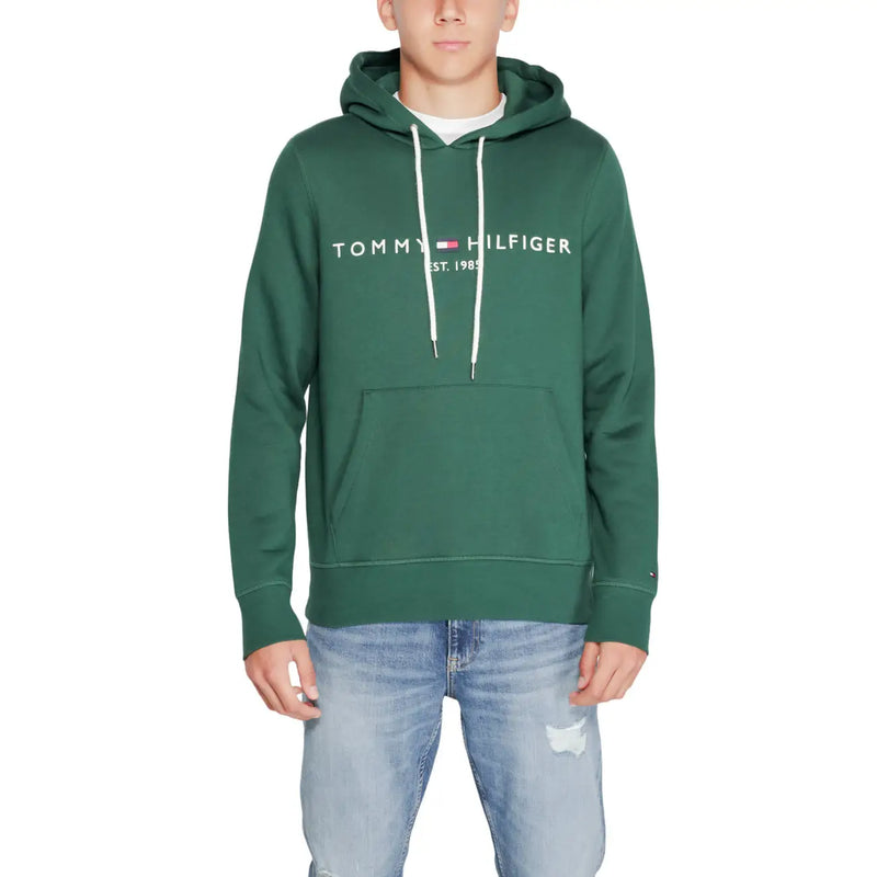 Tommy Hilfiger Herren-Hoodie aus grüner Baumwolle mit weißen Kordelzügen und dunkelgrüner Vordertasche
