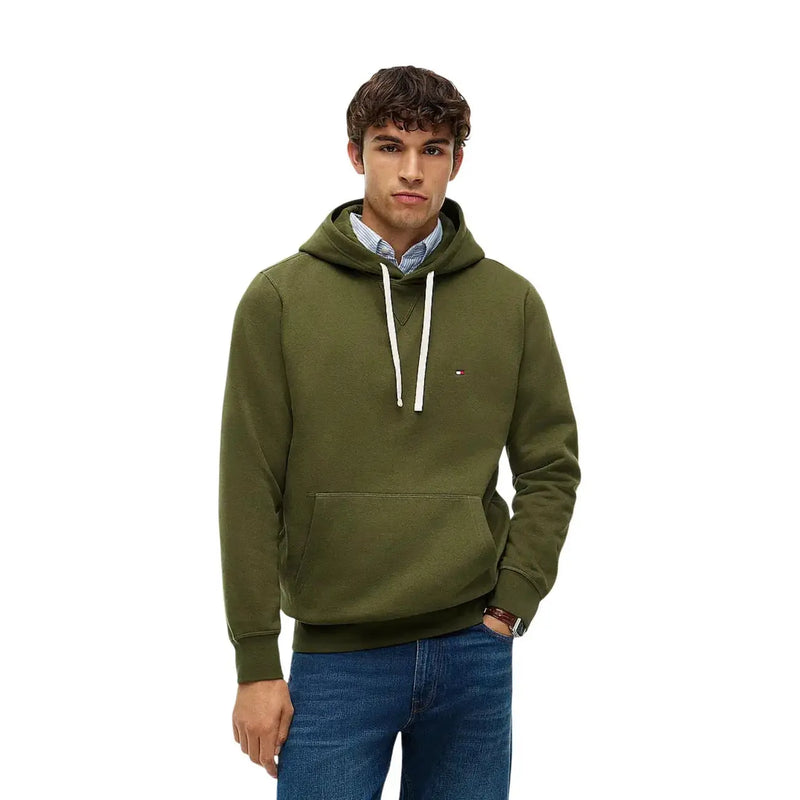 Tommy Hilfiger Herren-Hoodie aus grüner Baumwolle mit weißen Kordelzügen und kleinem olivgrünem Logo auf der Brust