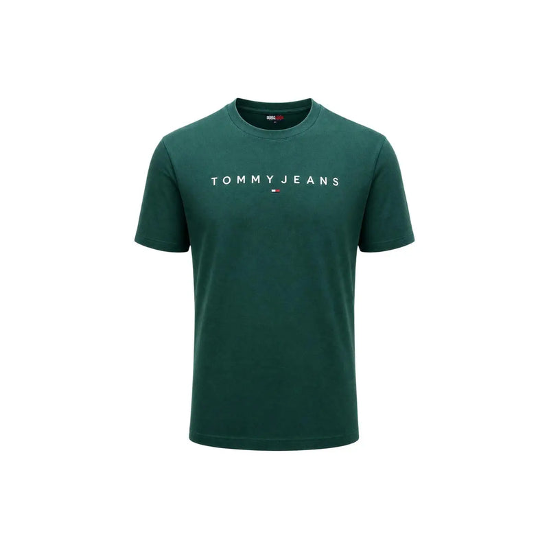 Tommy Hilfiger Grünes Herren-T-Shirt aus Bio-Baumwolle mit normaler Passform und weißem Tommy-Jeans-Logo sowie Flaggenemblem