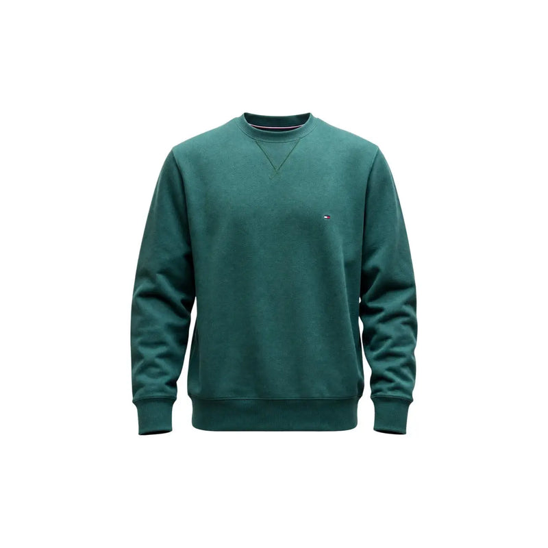 Dunkelgrünes Tommy Hilfiger Herren-Sweatshirt aus Baumwollfleece mit Rundhalsausschnitt und kleinem Logo auf der linken Brust.