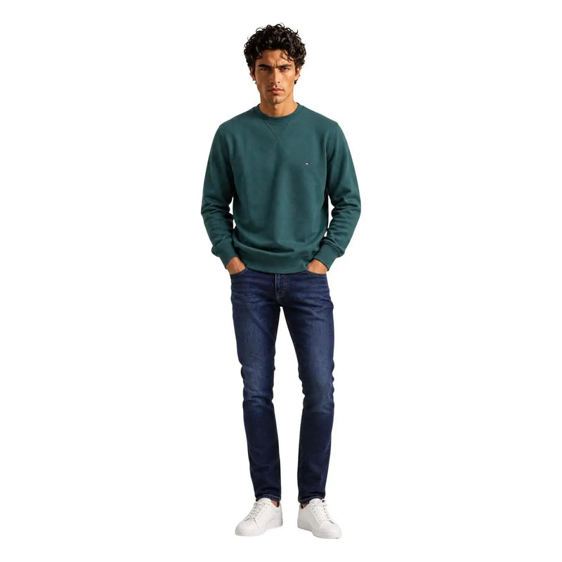 Tommy Hilfiger Herren-Sweatshirt aus grünem Baumwollfleece mit Rundhalsausschnitt und kleinem, gesticktem Logo auf der linken Brust