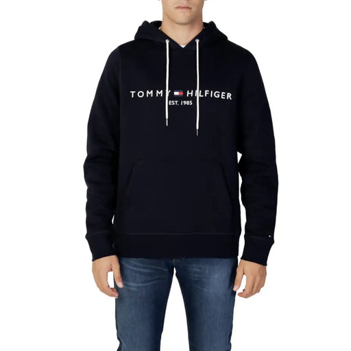 Tommy Hilfiger Herren-Hoodie, schwarz, Baumwolle, mit weißen Kordelzügen und Logo auf der Brust, MW0MW10752