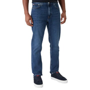 Tommy Hilfiger Herrenjeans aus blauer Bio-Baumwolle, schmal geschnitten, dunkelblauer Denim mit klassischem geradem Bein und sichtbaren Nähten