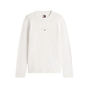 Tommy Hilfiger men knitwear beige organic cotton crewneck sweater with subtle embroidered logo and ribbed cuffs