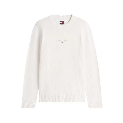 Tommy Hilfiger men knitwear beige organic cotton crewneck sweater with subtle embroidered logo and ribbed cuffs